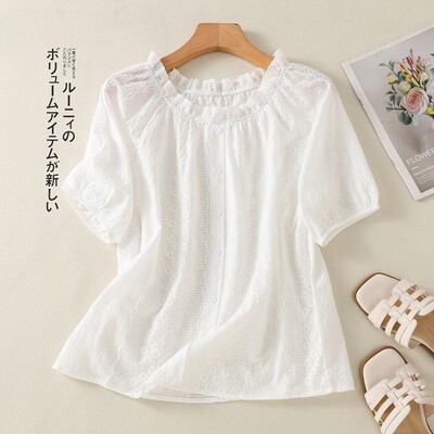 夏季纯棉镂空刺绣短袖减龄衬衫