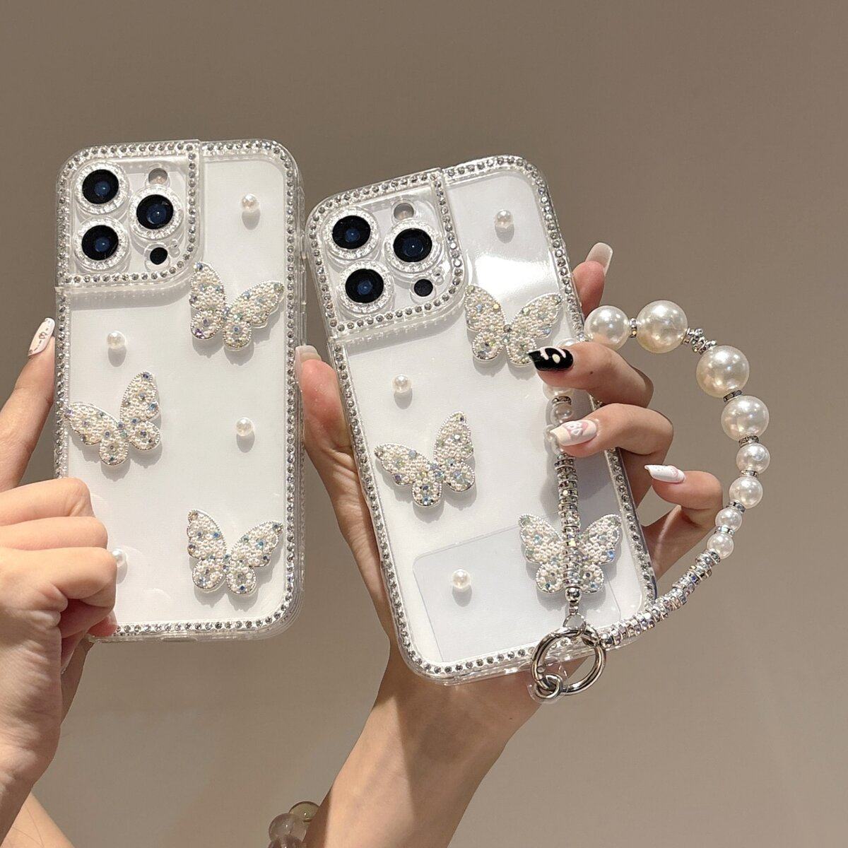 适用苹果16promax手机壳iphone15新款水钻镜头膜14pm珍珠蝴蝶贝壳纹13气囊防摔12相机按键全包高级好看外