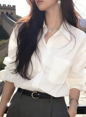 春秋新款简约纯棉白色长袖衬衫女宽松气质洋气高级感显瘦打底上衣