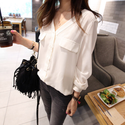 衬衫女韩版宽松百搭v领雪纺价格 衬衫女韩版宽松百搭v领雪纺图片 星期三