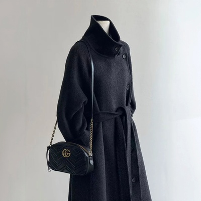 韩版立领灰色双面呢羊绒大衣女