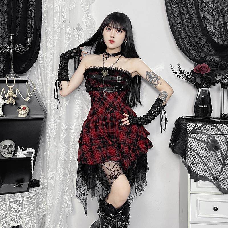 万圣节服装红色格子抹胸连衣裙亚文化蜘蛛网修身性感辣妹朋克短裙,女装/女士精品,连衣裙,淘宝优惠券,粉丝福利购,淘宝优惠卷