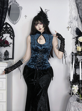 希与STUDIO哥特风蓝色丝绒连衣裙女镂空绑带收腰复古暗黑风长裙