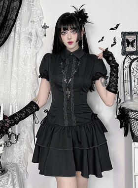 暗黑哥特风黑色吊带连衣裙辣妹亚比穿搭亚文化蕾丝拼接A字裙