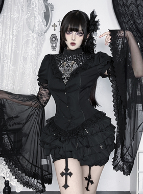 希与studio哥特风万圣节Lolita姬袖拼接长袖女亚文化蕾丝喇叭袖