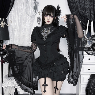 希与studio哥特风万圣节Lolita姬袖拼接长袖女亚文化蕾丝喇叭袖