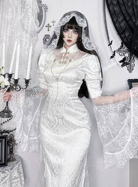 希与STUDIO万圣节哥特风蕾丝刺绣婚纱裙亚文化蕾丝拼接长袖连衣裙