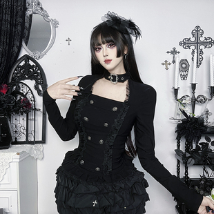 希与STUDIO暗黑少女风哥特式双排扣长袖上衣女黑色辣妹亚文化T恤