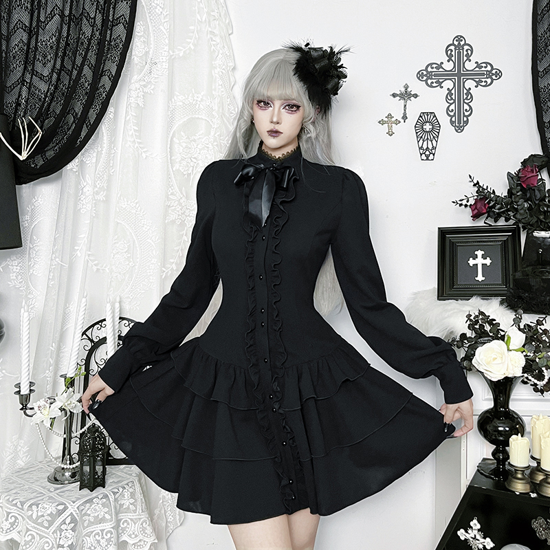 哥特风复古黑色连衣裙小众亚文化