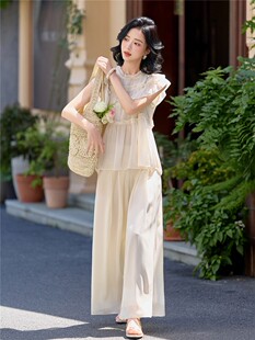 温柔风木耳边无袖雪纺上衣阔腿裤两件套女夏宽松仙气度假休闲套装
