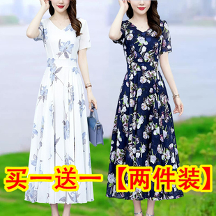 收腰顯瘦V領(lǐng)長裙子遮肚中年媽媽時尚 2025春夏裝 短袖 大碼 連衣裙女