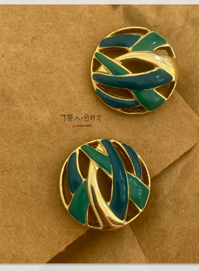Trifari蓝绿交错镂空圆形耳夹 予美人vintage