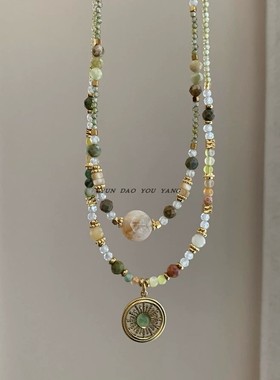 国色天香~新中式复古绿色天然石圆牌串珠项链气质高级感叠戴颈链
