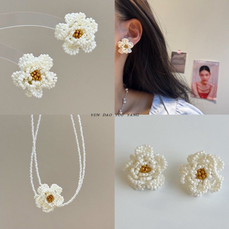 云岛有羊白色山茶花米珠耳环耳夹