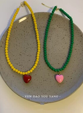 云岛有羊小众粉色爱心串珠颈链潮