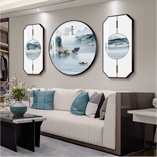 现代沙发客厅背景墙圆形组合晶瓷玻璃铝合金框画山水风景海纳百川