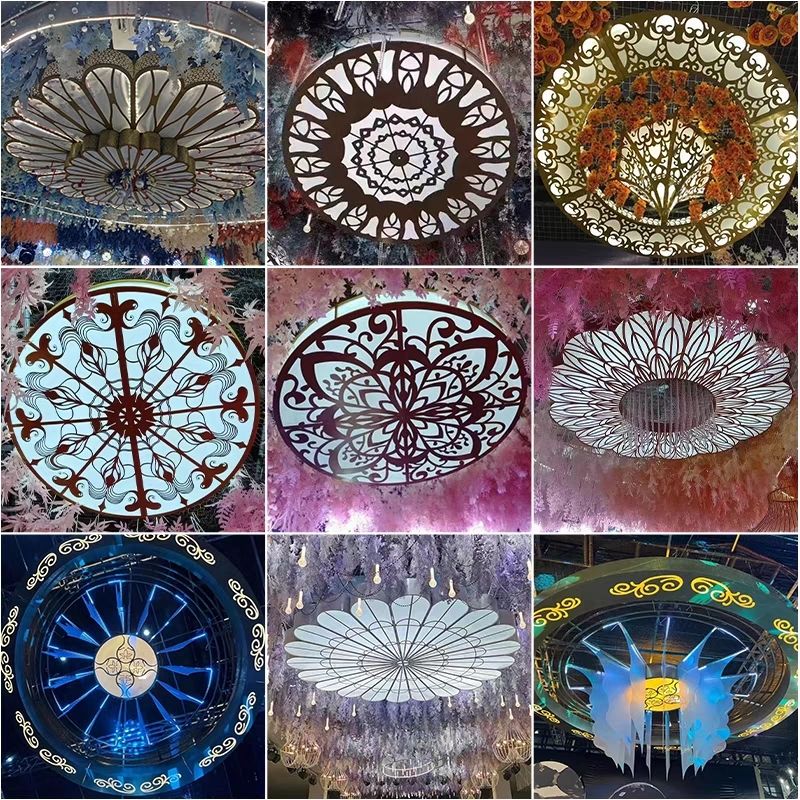 新款婚庆铁艺雕花欧式圆灯箱婚礼堂立体摆件舞台装饰方形吊顶挂件