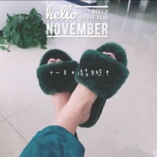 桑坡村澳洲洲羊皮毛一体一字拖鞋 室内毛绒真毛 女情侣居家羊毛拖鞋