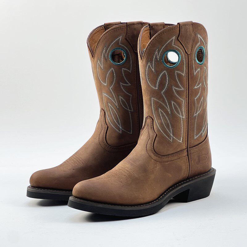 尖头西部牛仔靴牛皮男靴粗跟骑士马靴棕色套筒刺绣时尚机车靴