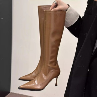 2025秋季尖头细跟不过膝长筒靴女欧美风黑色后拉链高筒靴高跟长靴