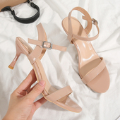 31大码 2024夏季 女细跟6cm露趾中跟女凉鞋 小码 新款 一字带扣凉鞋