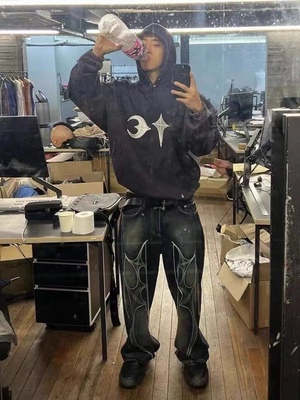 ThugClub24SS流苏水洗黑刺绣宽松长裤男女垂感休闲直筒牛仔裤vibe