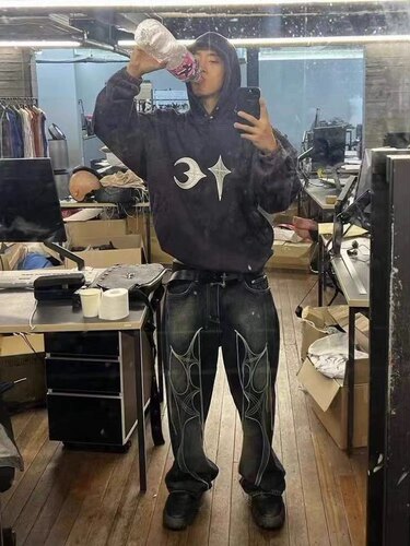 ThugClub24SS流苏水洗黑刺绣宽松长裤男女垂感休闲直筒牛仔裤vibe