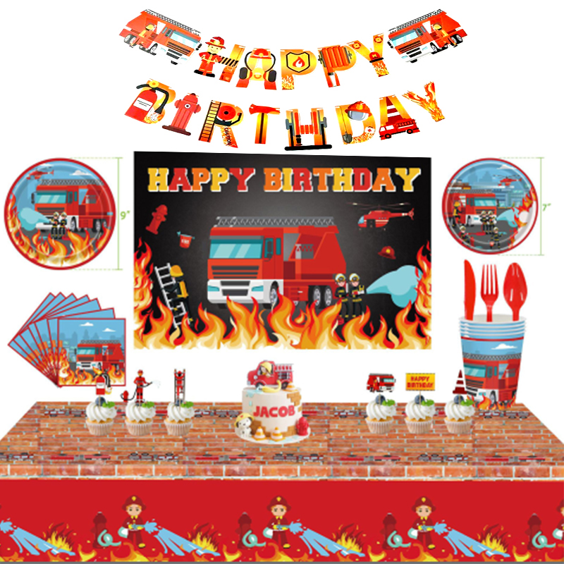 新款山姆消防车主题气球拉旗一次性餐具儿童男孩生日聚会派对布置