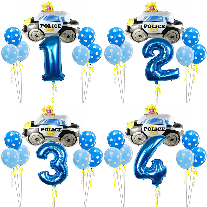 新款大号警车卡通铝膜蓝色数字气球套装男孩儿童生日聚会派对装饰