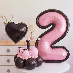 漫画风粉白黑数字气球儿童生日派对装饰场景布置男孩女孩拍照道具