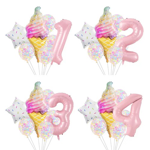彩色纸屑冰激凌糖果粉色数字气球套餐儿童生日女孩派对装饰布置品