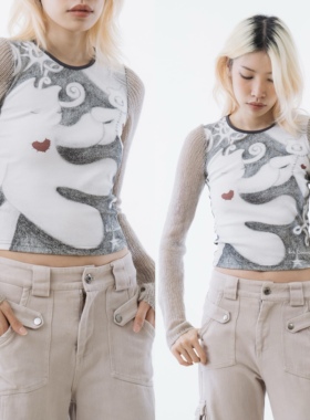 sixthdimension可爱网纱千禧风亚文化小众设计针织长袖T恤Y2K上衣