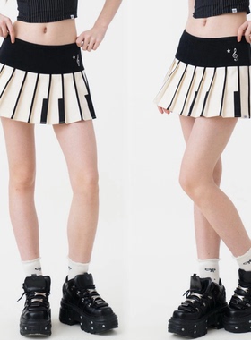 sixthdimension钢琴键裙裤百褶a字黑白拼色半身裙甜美少女感