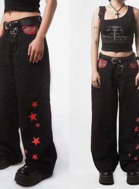 sixthdimension朋克拼接印花牛仔裤女高腰显瘦街头直筒裤