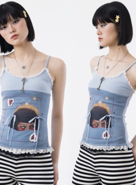 sixthdimension美式辣妹y2k蕾丝花边吊带背心女夏季外穿无袖上衣