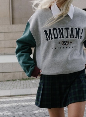Minga撞色拼接字母印花卫衣男女 美式学院风宽松上衣