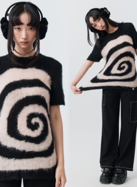 sixthdimension螺旋纹短袖毛衣女复古y2k辣妹风宽松针织上衣