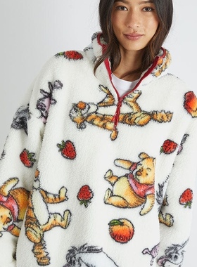 Skinnydip小熊维尼联名卡通满印秋冬半拉链立领卫衣 毛绒上衣女