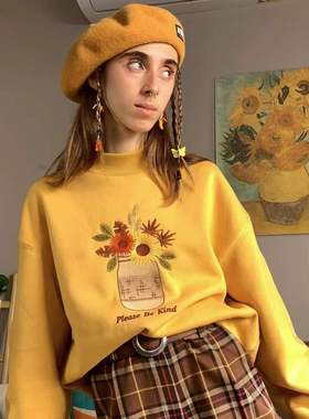 Minga向日葵花束印花卫衣女 美式复古宽松加绒圆领上衣