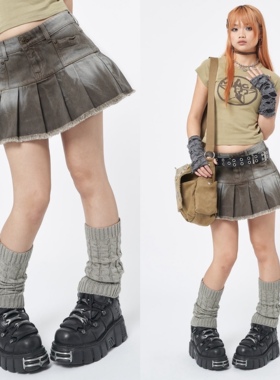 Minga春夏复古Y2K棕色扎染皱褶自然腰显瘦a型半裙牛仔短裙