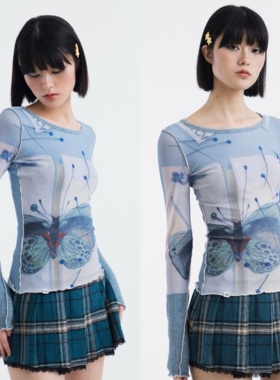 sixthdimension亚文化y2k性感长袖t恤女修身打底衫网纱薄款上衣