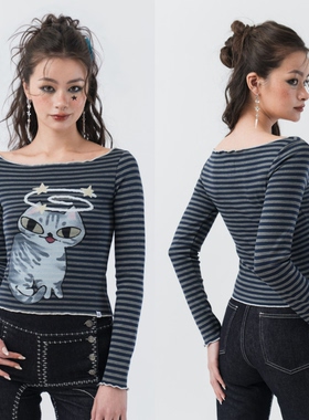 sixthdimension天使猫咪条纹长袖T恤一字领木耳边修身甜妹上衣