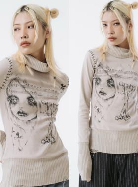 sixthdimension复古印花中领长袖上衣女春秋甜辣轻亚感毛衣