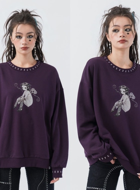 sixthdimension暗黑娃娃圆领毛衣深紫撞色宽松落肩亚文化辣妹上衣