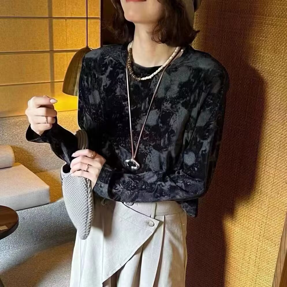 长袖休闲扎染分割款宽松百搭套头