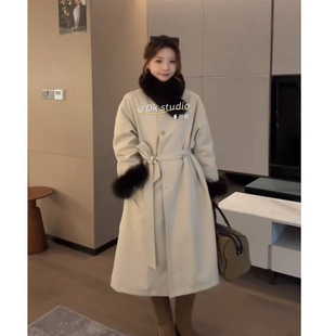狐狸毛90绒外套 系带收腰立领风衣白鸭绒服女长款 2025冬款 韩系时尚