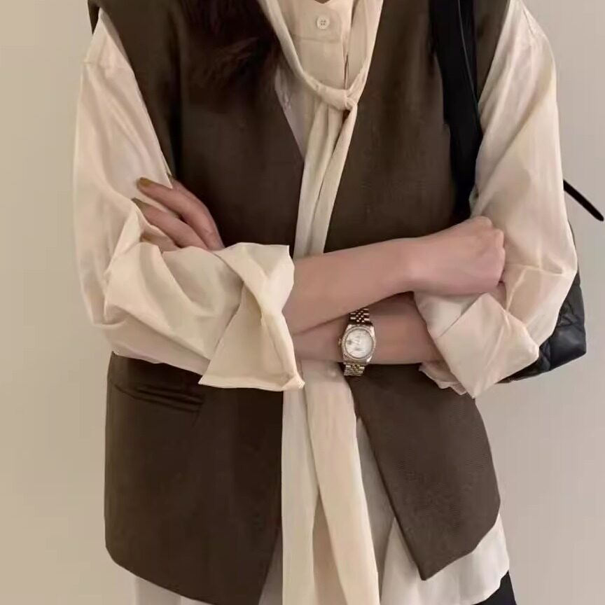 意法秋季新款两件套马甲加系领结衬衫显瘦甜美气质马甲衬衫套装