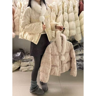 90绒狐狸毛领羽绒服女小香风面包服2025冬季蕾丝木耳边白鸭绒外套