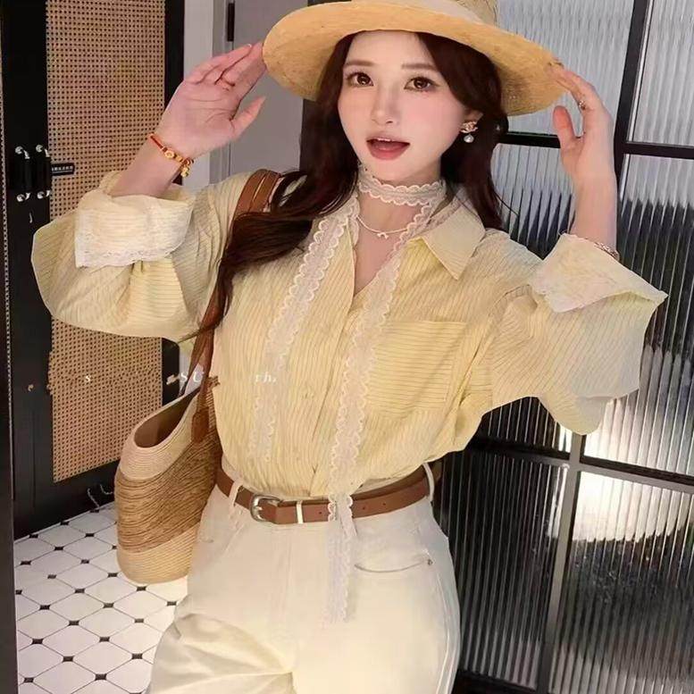 2025早春秋新款新款翻领蕾丝系带花边深V性感减龄条纹衬衫上衣女