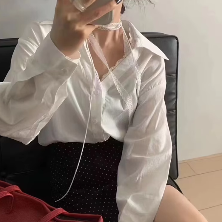 2025简约风高级感白色假两件蕾丝拼接西装长袖宽松衬衫上衣女秋季